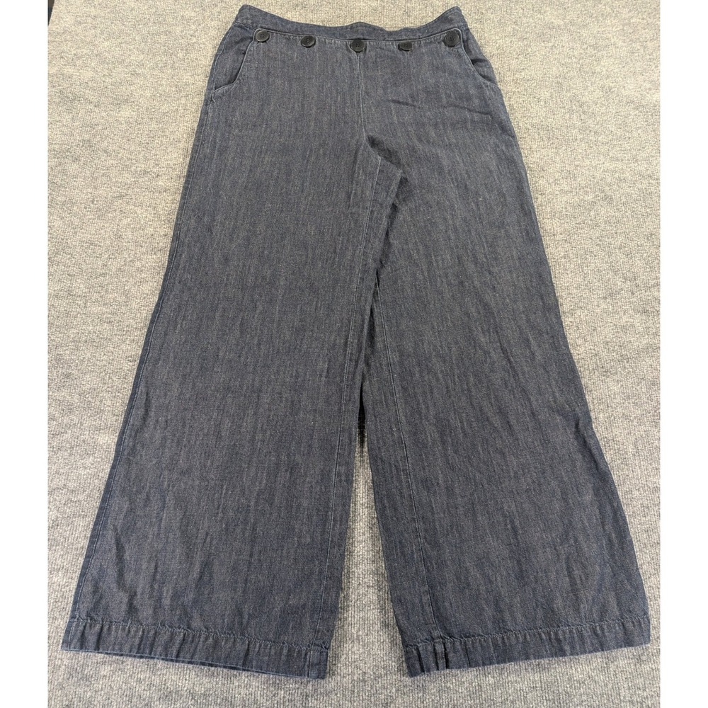 Lafayette 148 New York Cotton Linen Wide Leg Sailor Pants Denim Blue 14